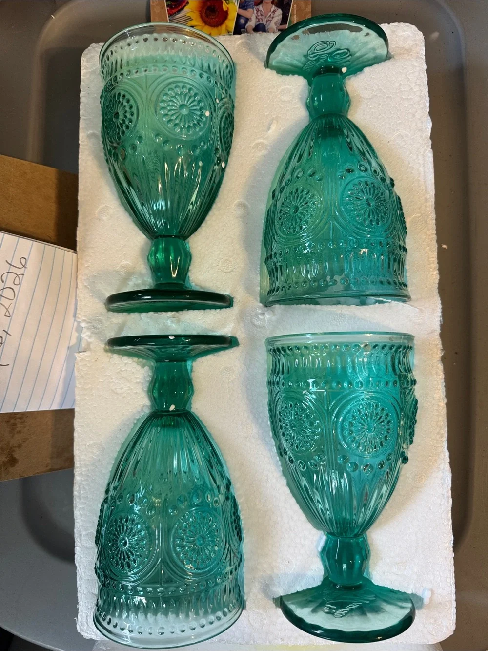 Adeline Set of Four 12 oz Teal Pressed Glass Goblets pioneer woman NIB